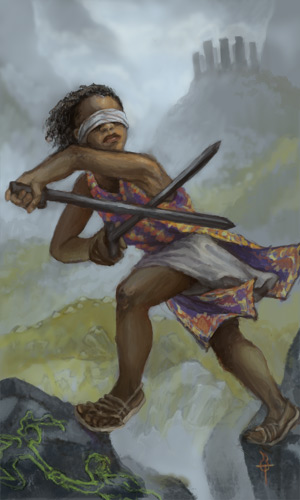 A black girl leaps between two boulders on a misty mountainside. She is blindfolded and each hand holds a sword, which is crossed against the other with awkward tension. She is wearing a white shift with a colorful woven tunic on top. Behind her on a misty peak is a circle of standing stones.