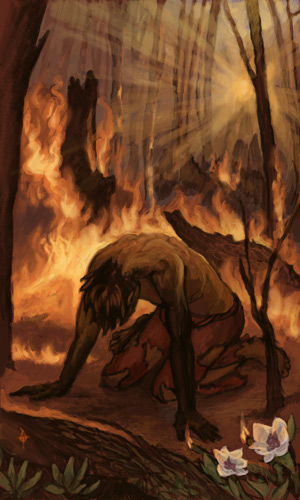 A man has fallen on hands and knees amidst the charred remains of a forest fire. Behind him the stumps and underbrush are still blazing, and through the smoke a rising sun throws a halo of sunbeams. In the foreground, two white flowers bloom on a fallen log.