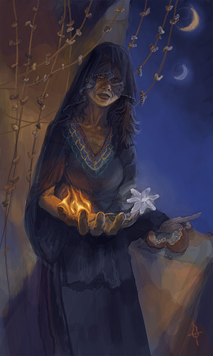 Elderly woman in deep indigo robes, with the burnished skin and amber eyes of the rsakk. One eye is hidden behind a gauzy veil and the other looks directly at the querant. Behind her hang strands of shells, and outside the window she stands beside are the two moons of Karn. Her right hand holds a flame and a white flower, and her left hand points out the window, past a rotting fruit on the window ledge.