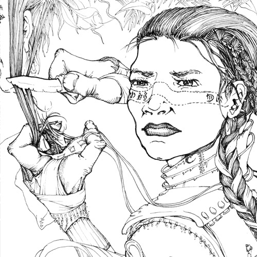 A fierce, tattooed woman with cloth-laced braids cutting a lock of someone's hair. Pen and ink. Icon.