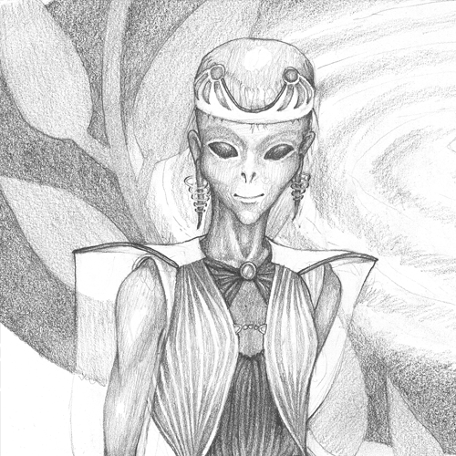 An elegant, smooth-skinned alien in formal dress. Pencil sketch.
