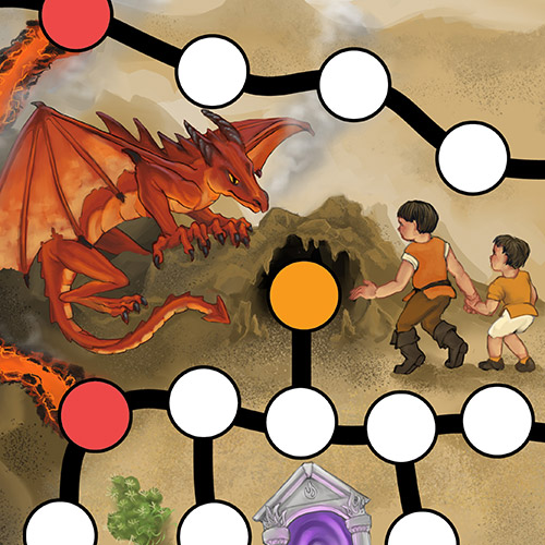 Portion of a board game showing paths to move and two children confronting a dragon.