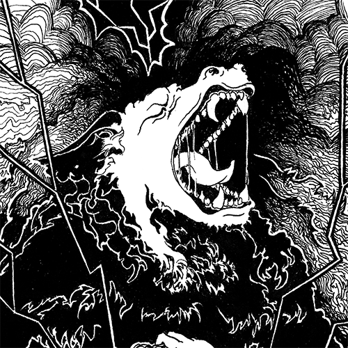 A screaming lupine beast wreathed with lightning. Pen and ink drawing.