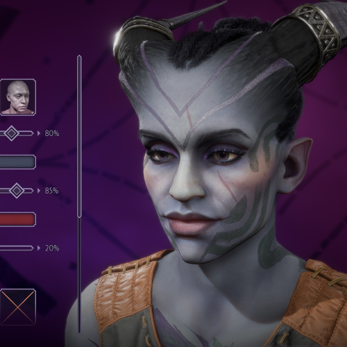 The Dragon Age: Veilguard game character creator, showing a Qunari with makeup and face paint.