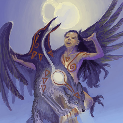 A nude woman embracing a huge raven in the sky as a wolf bites her leg. Digital painting. Icon.