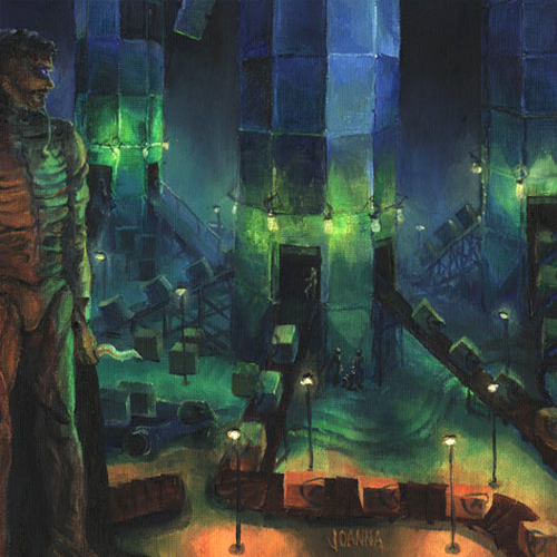 Man in stillsuit with curved dagger looking down on a dimly lit industrial warehouse