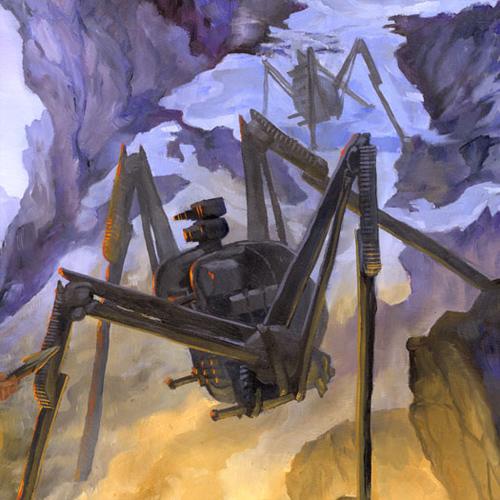 Painting of a giant spider-shaped robot descending a snowy mountain slope