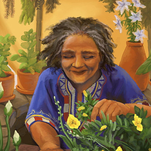 A serene black woman tending flowers and herbs in ceramic pots.