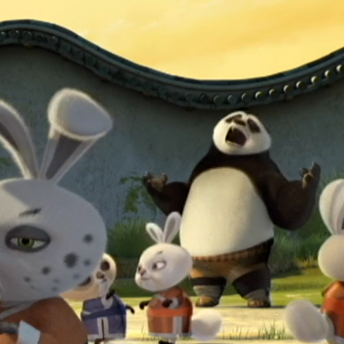 A cartoon panda crying "why???" to the heavens while surrounded by young bunnies sparring martial arts.