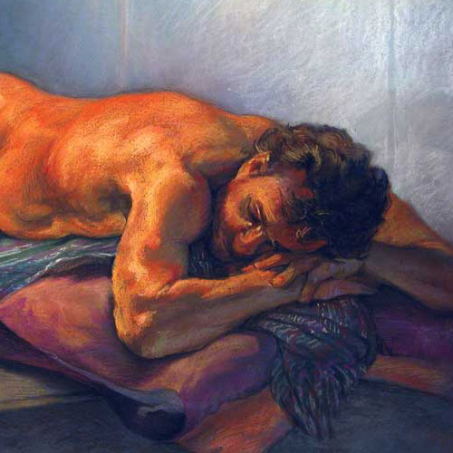 Head and torso of a nude man reclining on cushions. Chalk pastel drawing.