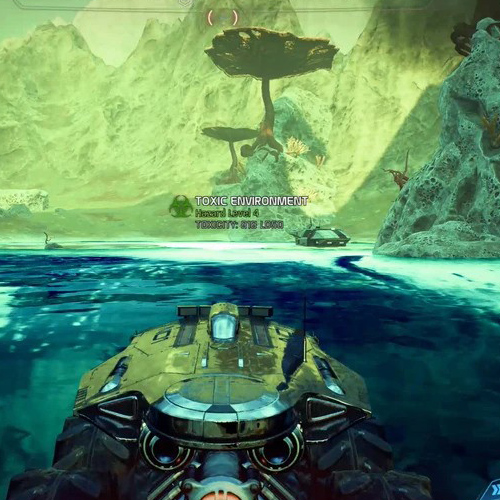 A science fiction vehicle in the video game Mass Effect: Andromeda, plowing through a green and blue tinted alien landscape.