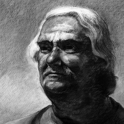 Portrait of a noble, serious looking elderly man with a heavy brow. Charcoal drawing.