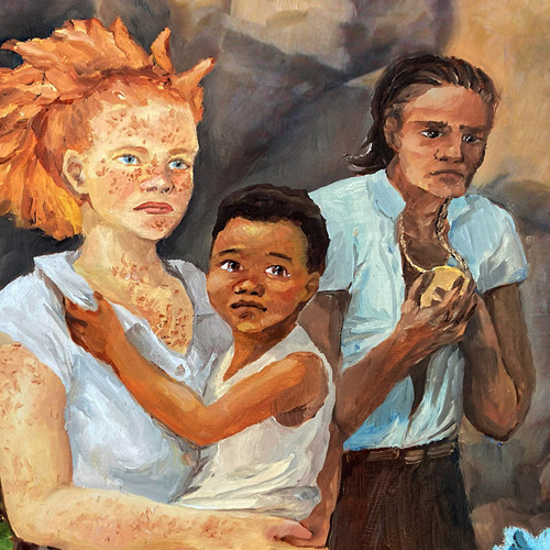 Young woman carrying a child, young man clutching a flat disc pendant.