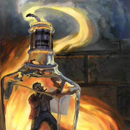 Stylized painting of a man trapped inside a liquor bottle with a lit wick, wreathed by flame. Icon.