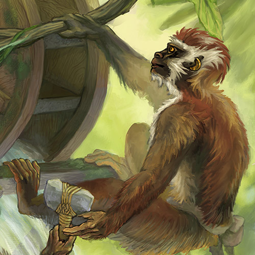 An intelligent simian with a coin earring, perched by a water wheel, holding a stone hammer. Icon.