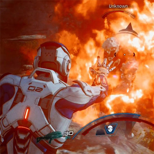 Mass Effect Andromeda character setting off a fiery explosion