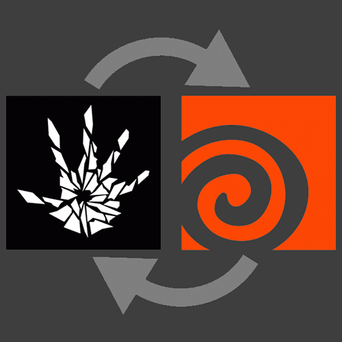Frostbite game engine logo and Houdini 3D software logo with arrows pointing one to the other.