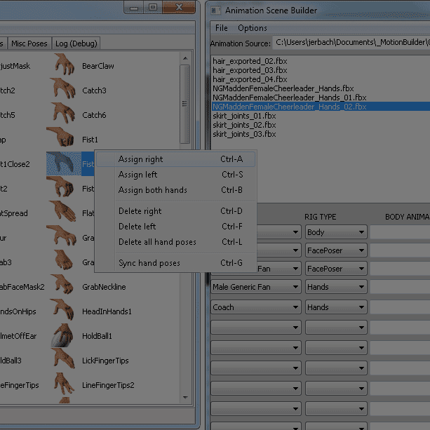 Montage of software tool interfaces related to hand poses and scene animation